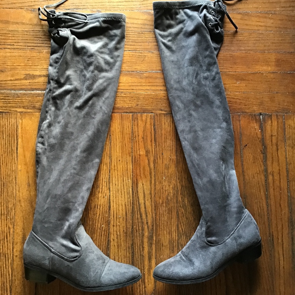 Grey knee high suede boots